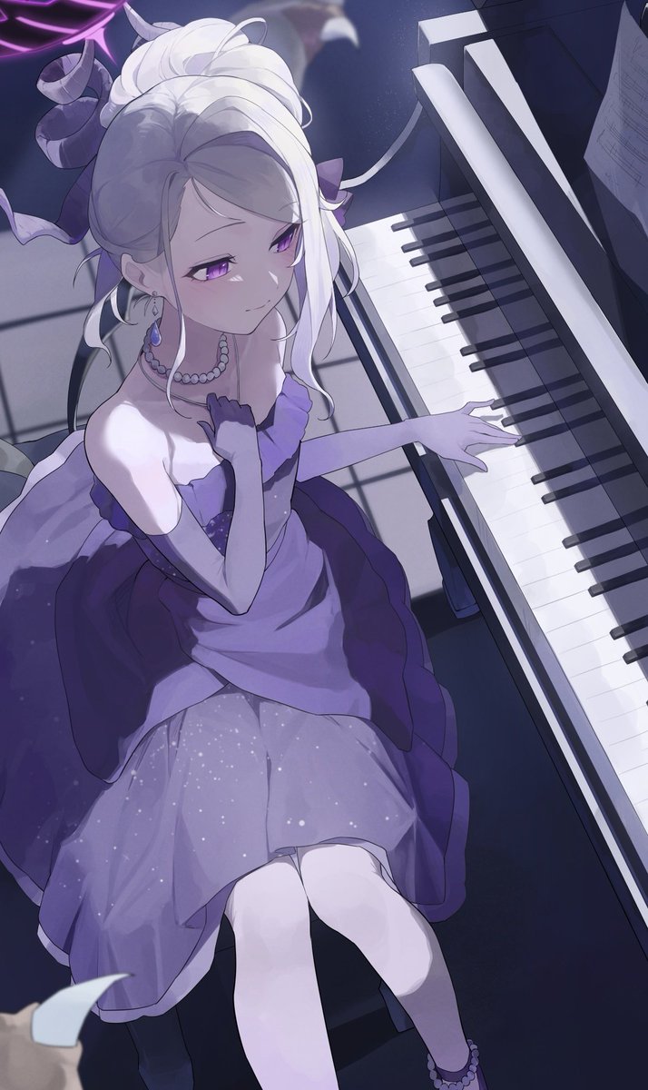 hina (blue archive) ,hina (dress) (blue archive) piano 1girl dress instrument horns purple eyes sitting  illustration images