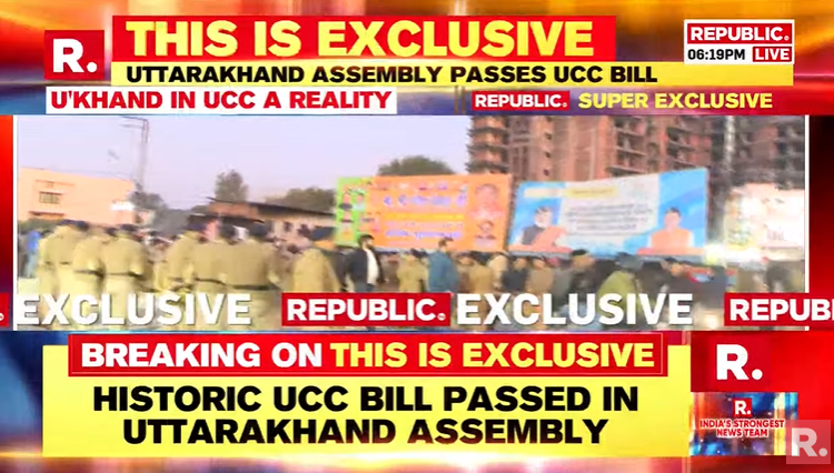republic's tweet photo. #BREAKING | Celebrations have begun outside Uttarakhand assembly as the UCC Bill has been passed. CM Pushkar Singh Dhami said that the state government will try to implement the UCC as soon as possible. 

Tune in for This Is Exclusive - https://t.co/ugshaLHNuT

#Uttarakhand #UniformCivilCode #UCC