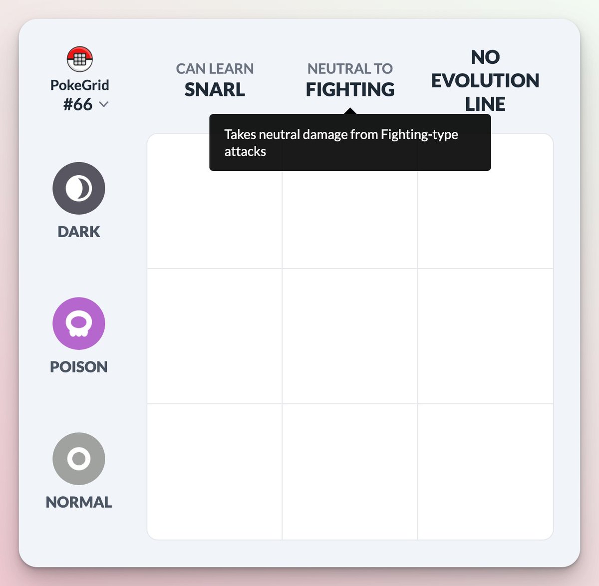PokeGrid #66: SNARL 🌙

Some questions around what "Neutral to" categories mean... it's whether the Pokémon takes neutral damage (e.g. 1x damage) based on their typing.

For example, "Normal x Neutral to Fighting" would be any Pokemon that is either:
- Normal/Psychic
-