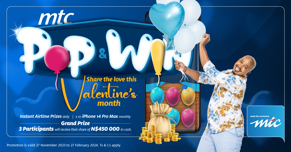 MTCNamibia's tweet photo. Spread love and joy with the MTC Pop and Win game! Play now to win fantastic prizes and make this month even more special. Recharge from N$5 or more and collect your pins.

Dial *767# and follow the prompts or visit the MyMTC app to participate in MTC's Pop and Win competition! https://t.co/ZmVCR3r6Jy