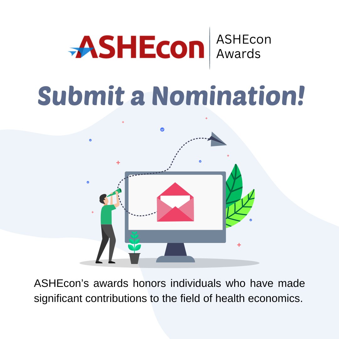 Nominate an outstanding peer, colleague, or student! The awards highlight both burgeoning and established leaders in the health economics field and will be given at the ASHEcon Conference in June 2024. Learn more: ashecon.org/awards/ ⏰ Deadline: March 13, 2024