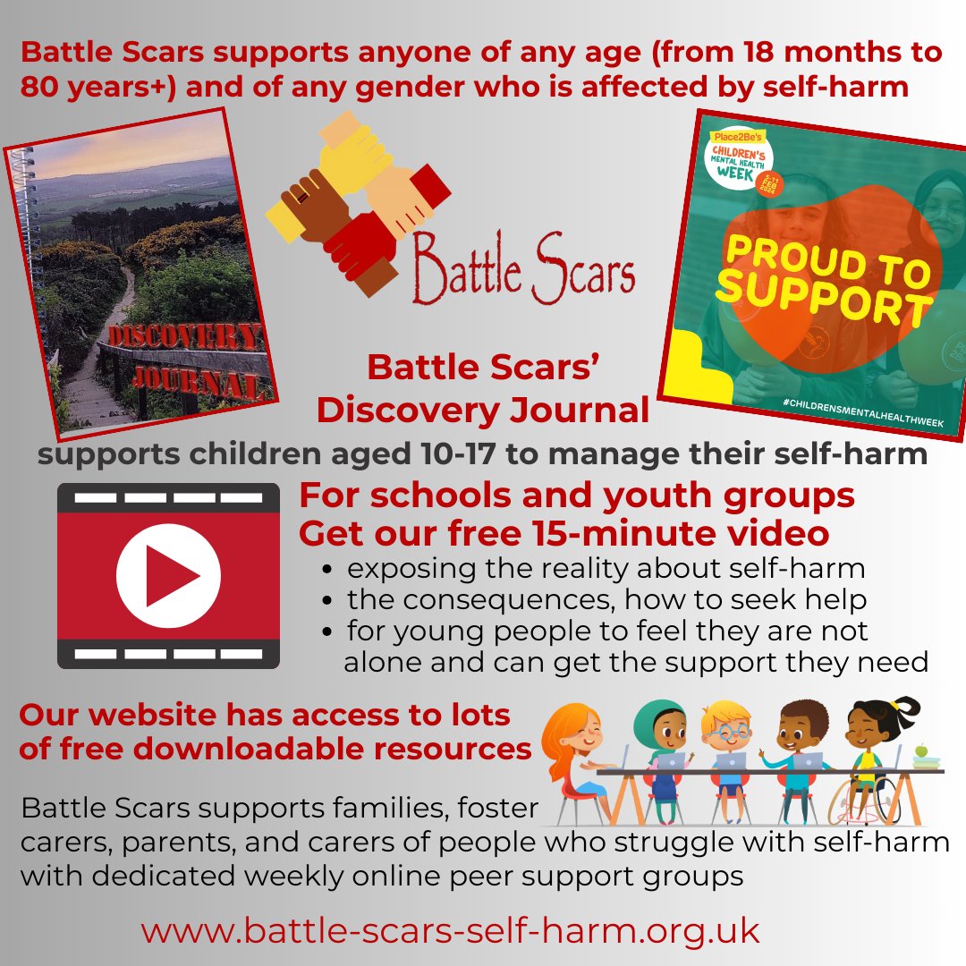BattleScars_SH's tweet photo. Battle Scars supports Children’s Mental Health Week 2024. For more information, and to access free downloadable resources, the free video, online peer support, and Battle Scars’ Discovery Journal for children aged 10-17 click: https://t.co/dEZNr7Xbgd
#breakingtheselfharmstigma https://t.co/lm9LgYbYSV