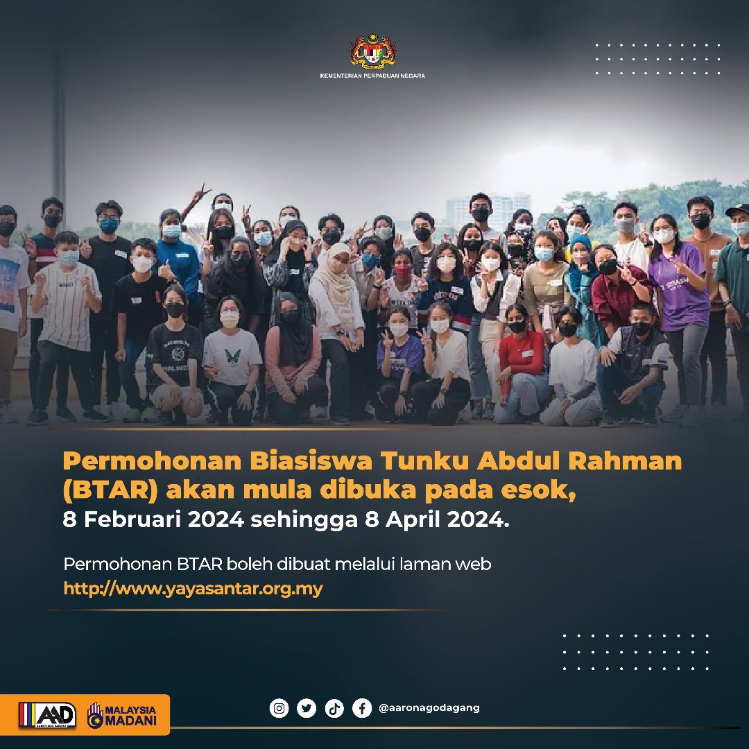 AaronAgoDagang's tweet photo. Permohonan Biasiswa Tunku Abdul Rahman (BTAR) akan mula dibuka pada esok, 8 Februari 2024 sehingga 8 April 2024. 

Permohonan BTAR boleh dibuat melalui laman web https://t.co/KyaFtyt9Zr

1/2 https://t.co/oKKShoOirX