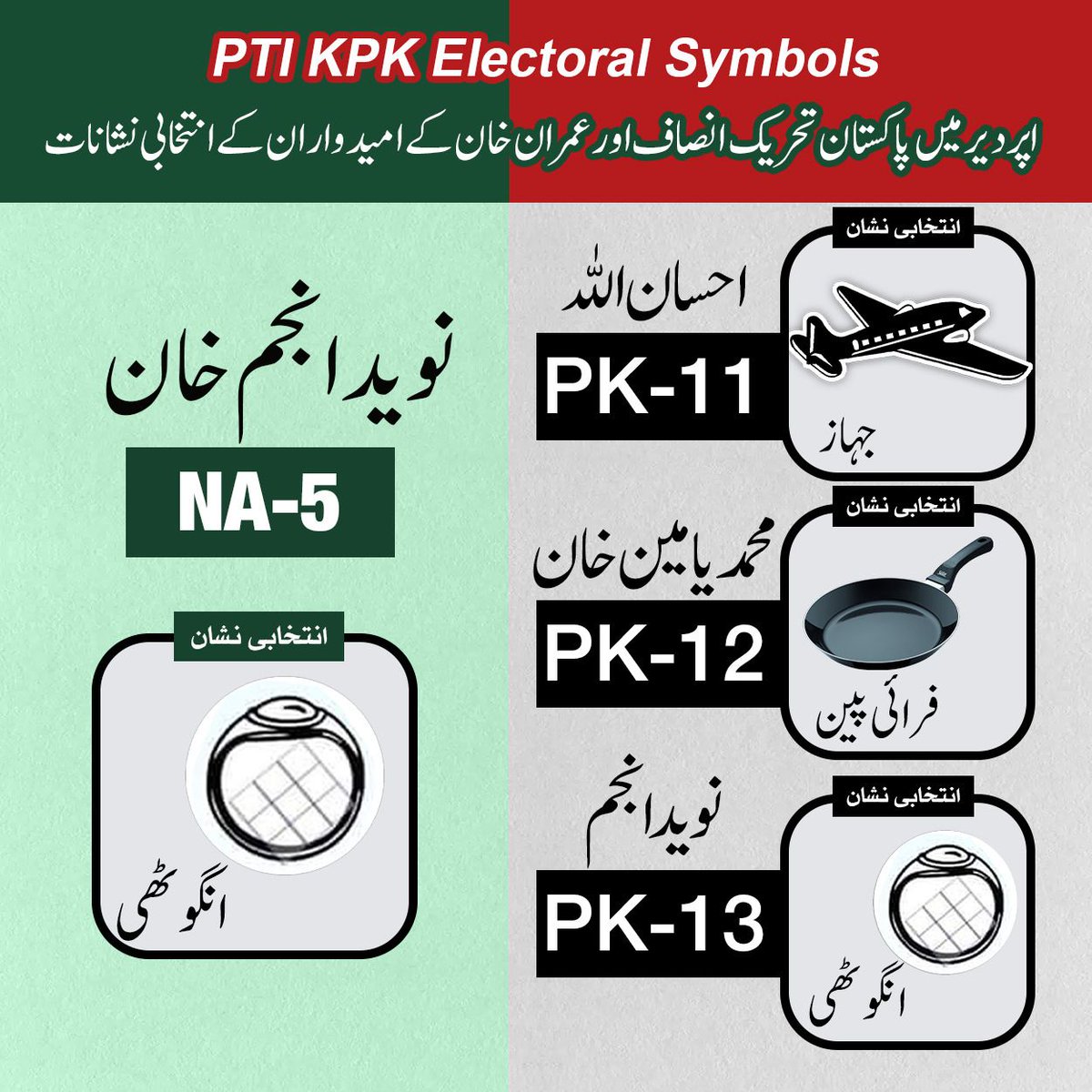 AkramFazeela's tweet photo. NA-5
نوید انجم خان(انتخابی نشان -انگوٹھی)
PK-11
احسان اللہ (انتخابی نشان -گھڑیال)
PK-12
محمد یامین خان(انتخابی نشان -انار)
PK-13
نوید انجم خان(انتخابی نشان -انگوٹھی)
فیصلہ عوام کا

#KPK_Rejects_PTI https://t.co/r1sKB0ldgf
