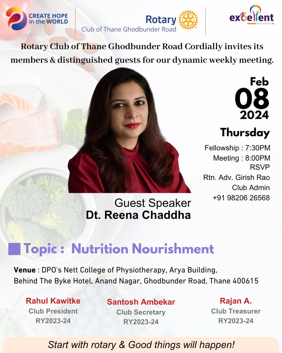 RIDistrict3142's tweet photo. Rotary Club of Thane Ghodbunder Road presents an enriching session on "*Nutrition Nourishment*” with the esteemed *Dt. Reena Chaddha

Don't miss this chance to revitalize your approach to nutrition! RSVP now and be a part of this enlightening session. 

🌿 #NutritionNourishment https://t.co/eyYn8jkPW8
