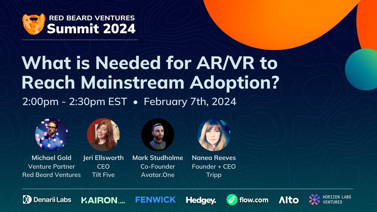 Live @ 2pm ET - A timely #RBVSummit panel 'What is Needed for AR/VR to Reach Mainstream Adoption?' with @michaelgold of @RedBeardVC, @nanea of @TRIPPVR, @jeriellsworth of @tiltfive, and @Mark_Studholme of @avatar_dot_one hopin.com/events/red-bea…