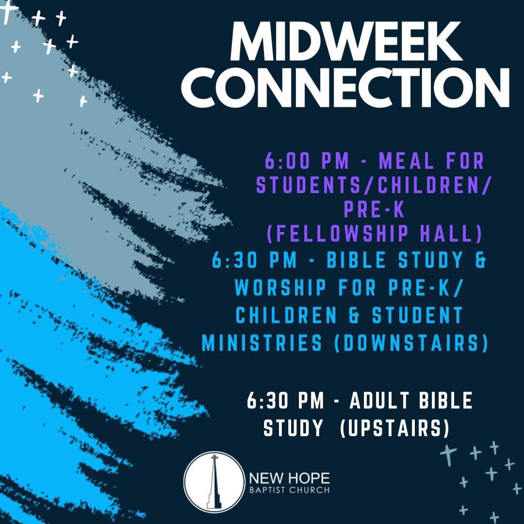 We love Wednesdays at New Hope! There are many opportunities to get plugged in and there’s something for everyone! Join us for Coffee Connection at 8:00 am in the Fellowship Hall and this evening for our Midweek services! #welcomehome