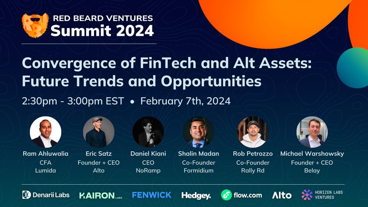 At 2:30pm @ramahluwalia of @LumidaWealth will host panel 'Convergence of FinTech & Alt Assets: Future Trends & Opportunities' w/ Shalin Madan of @Formidium, @EricSatz of @InvestWithAlto, @DanielKiani of @NoRampLabs, @robpetrozzo of @OnRallyRd, & Michael Warshowsky of @withbelay