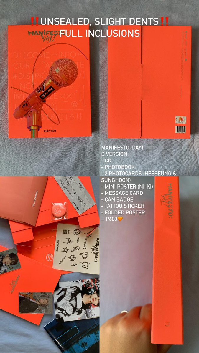 sunpurchase's tweet photo. #sunsells
wts lfb ph

♡ manifesto d1 unsealed | pic for inclus
— M engene ver ₱ 400
— M ver ₱ 500
— D ver ₱ 600
— 3 for ₱ 1.5k

— minor dents
— on hand
— cod/gcash
— meet up/ggx

⌗ enha enhypen pc pcs album photocard merch jungwon heeseung jay jake sunghoon niki ni-ki https://t.co/3LQL2x3wQx