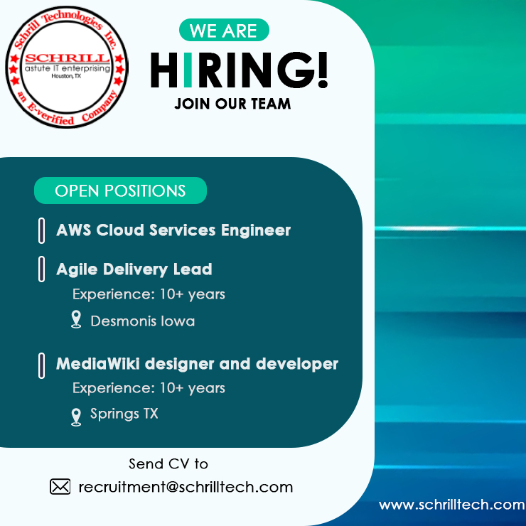 We Are HIRING!JOIN OUR TEAM NOW,Hurry Up.
#hiring #job #openings #vacancies #jobopening #applyforjob #vacancy #schrillhiring #openforjobs #schrill #schrilltech #itstaffing #itrecruiting
#jobseekers #jobopen #mediawikidesigner #awscloudservices #agiledeliverylead #mediawikidevelop