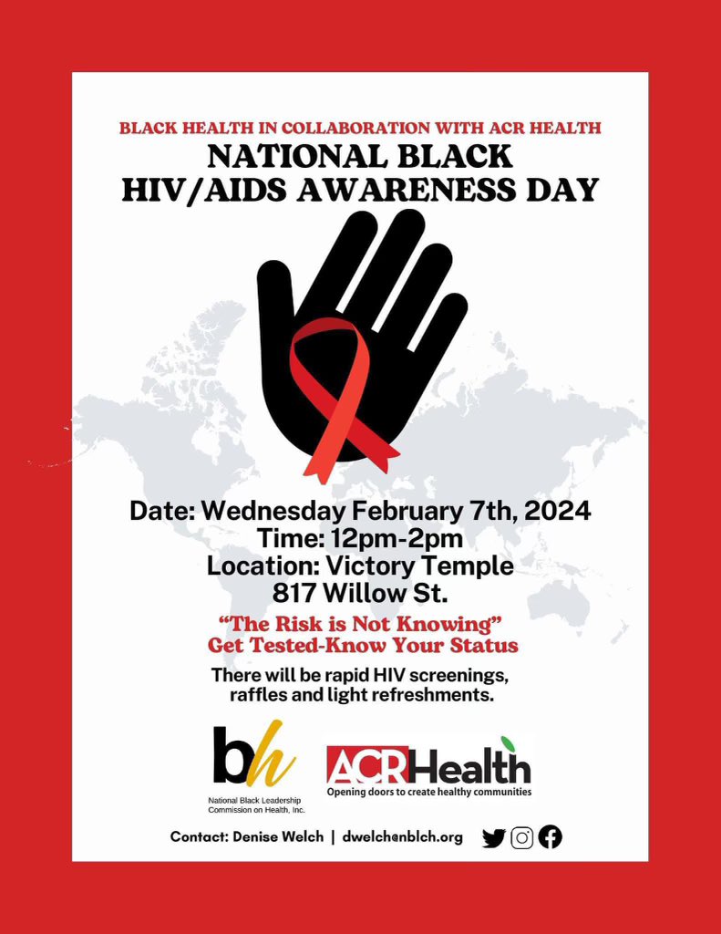 Today is National Black HIV/AIDS Awareness Day! Join ACR Health in collaboration with National Black Leadership Commission on Health at Victory Temple (817 Willow St.) from 12-2 PM. 

They will be no cost, confidential rapid HIV screenings, raffles, &amp; light refreshments.