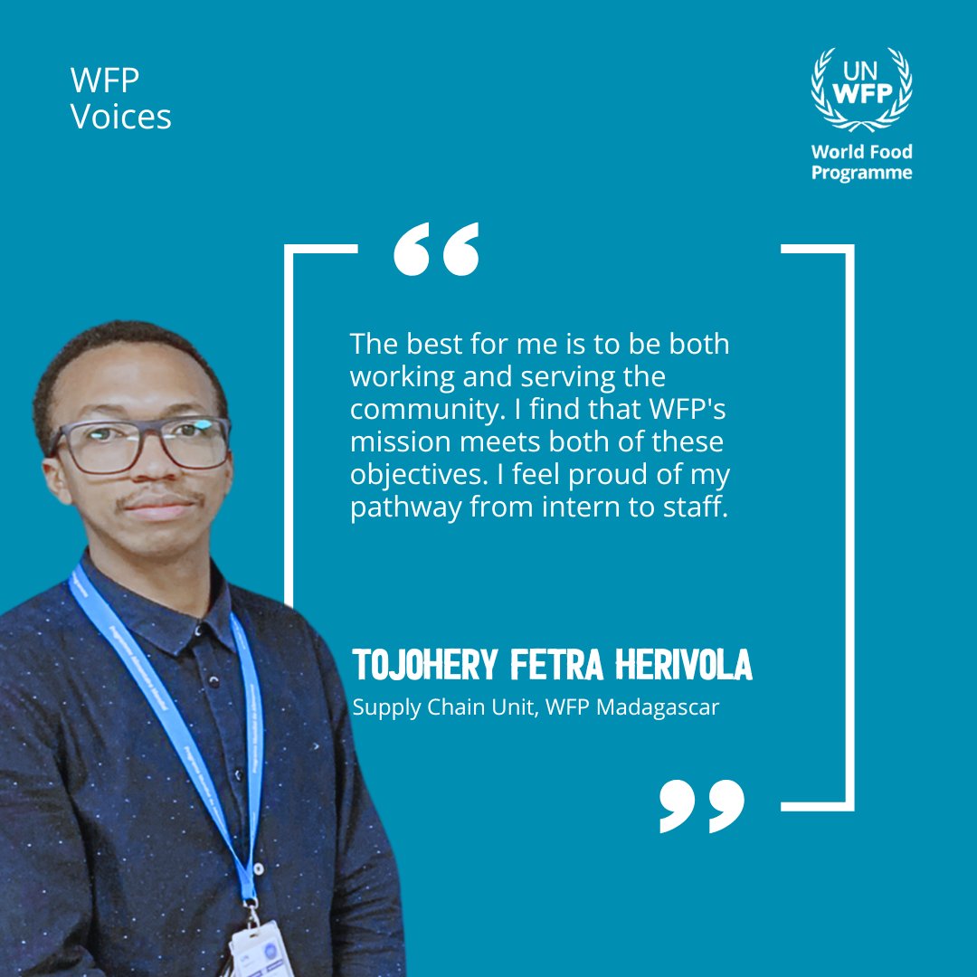 PamMadagascar's tweet photo. #WFP_Voices
From former beneficiary to @WFP , the dream he didn't dare to believe in.  As a child, Tojo was a beneficiary of WFP #schoolmealsprogramme. In 2022, he started out his career with WFP as an intern in the @WFPSupplyChain  Unit and is presently a WFP employee.💪💼 https://t.co/bUnlPCXjp2