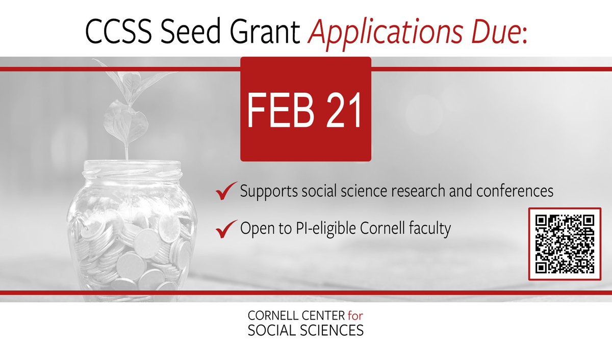 Applications due in two weeks (Feb 21): CCSS Seed Grant Spring 2024 round at @CornellCCSS! Open to #Cornell social science faculty! Learn more and apply here: socialsciences.cornell.edu/funding-and-pr…