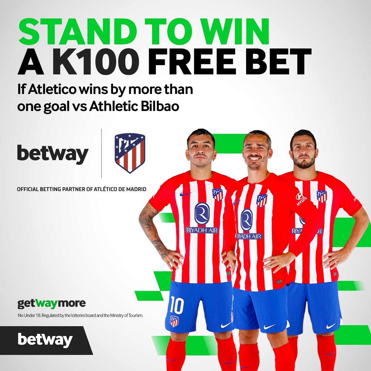 We're giving you a chance to celebrate an Atletico Madrid win tonight with a K100 free bet!🏆

Retweet this post and you could be 1 of 10 winners of a K100 free bet if <a href="/Atleti/">Atlético de Madrid</a> win by more than 1 goal against Athletic Bilbao!

#betwaysquad #copadelrey