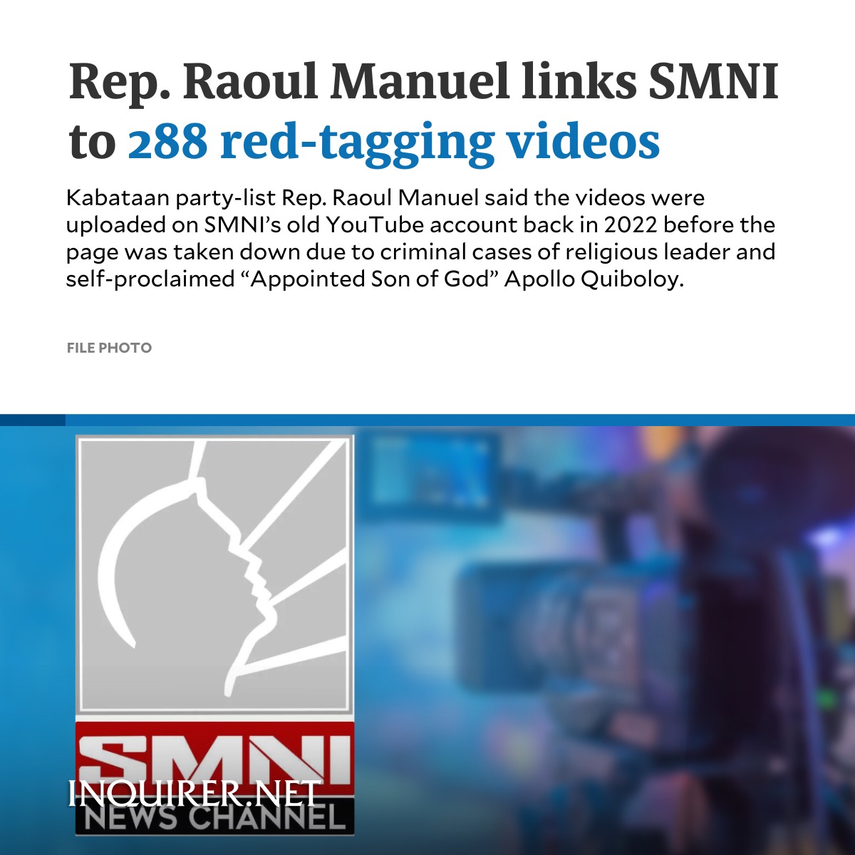 Kabataan party-list Rep. Raoul Manuel revealed that the Makabayan bloc has monitored over 288 videos wherein SMNI hosts resorted to red-tagging of progressive groups and fake news about some lawmakers like him. READ MORE: inqnews.net/288RedTaggingV…