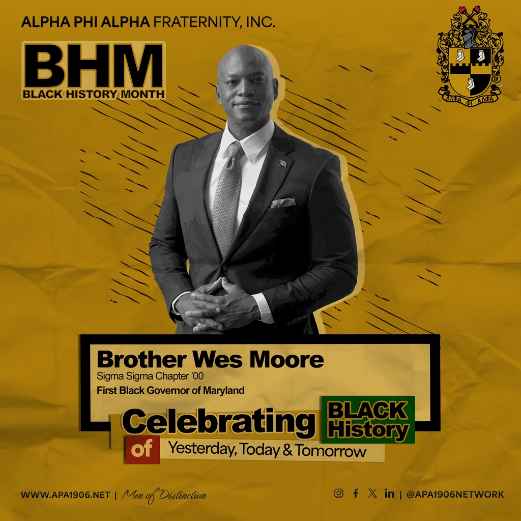 Today, Alpha Phi Alpha Fraternity, Inc. celebrates Black History Month by recognizing Alpha Brother Governor Wes Moore, who is making Black History today as the first African American governor of Maryland. Read more at: tinyurl.com/3fw75mck Please share.