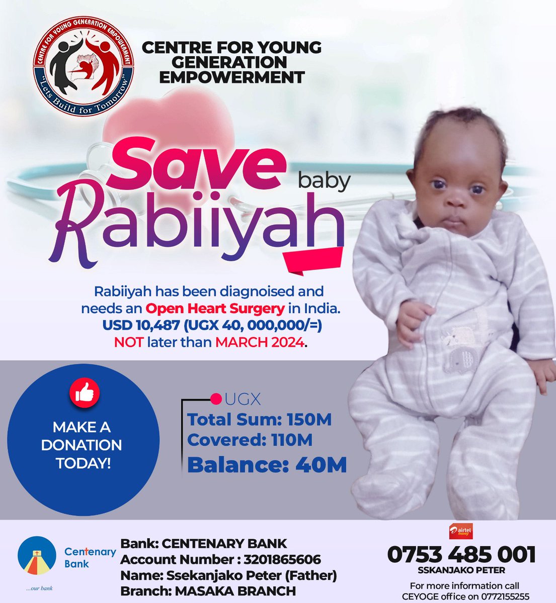 She is to undergo a heart surgery by April this year (2024). Life has no spare let us all support this cause. Thank you. You can share with your other networks. Thank you 🙏 #SaveRabiiyah