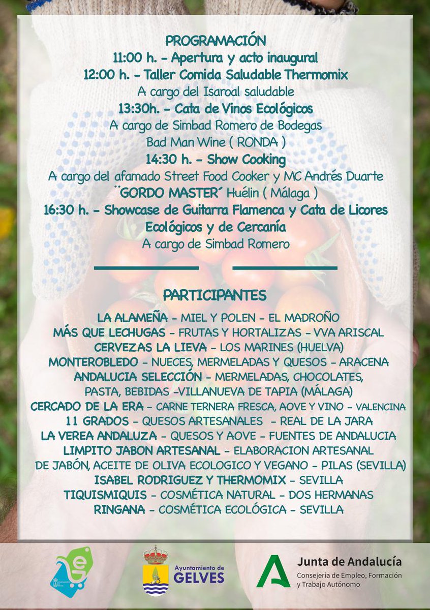 Todo listo para I Muestra de Productos Ecológicos “Vega de Gelves” que se celebrará el 11 de febrero en el Mercado Municipal con entrada libre, 12 expositores y muchas actividades: taller de cocina saludable, cata de vinos y licores, Showcooking, Showcase de guitarra flamenca,..
