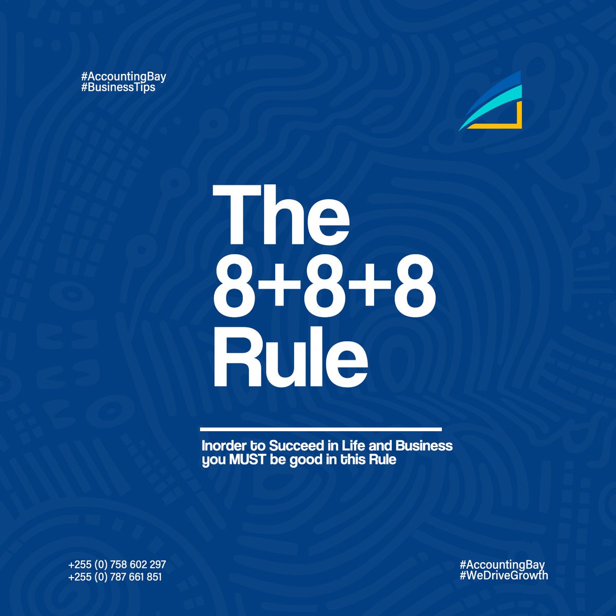 Accounting_Bay's tweet photo. The 8+8+8 Rule:

Distribute your day (24hrs) into 8+8+8 hrs to make a good balance sheet of your life.

• 8 hrs of hard work,
• 8 hrs of good sleep and
• 8 hrs should be spent on (3Fs, 3Hs, &amp;3Ss)

3Fs are family, friends, and faith.
3Hs are health, hygiene, and hobby. https://t.co/toCOgNoqZo