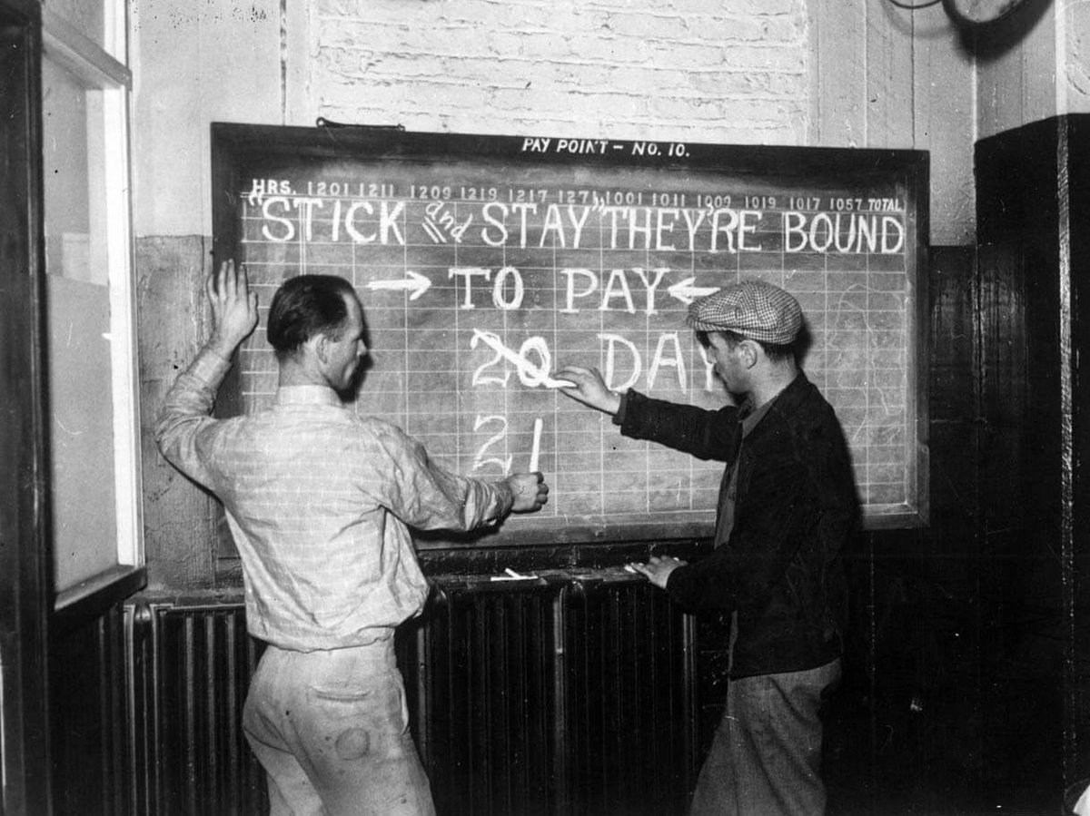 UAW's tweet photo. STICK AND STAY. THEY'RE BOUND TO PAY.

GM workers keep a calendar during the 44-day Flint Sit-Down Strike. 

📸 Walter Reuther Library | @ReutherLibrary

#SitDownStrike #StandUpUAW https://t.co/RuT8Xuk4OG