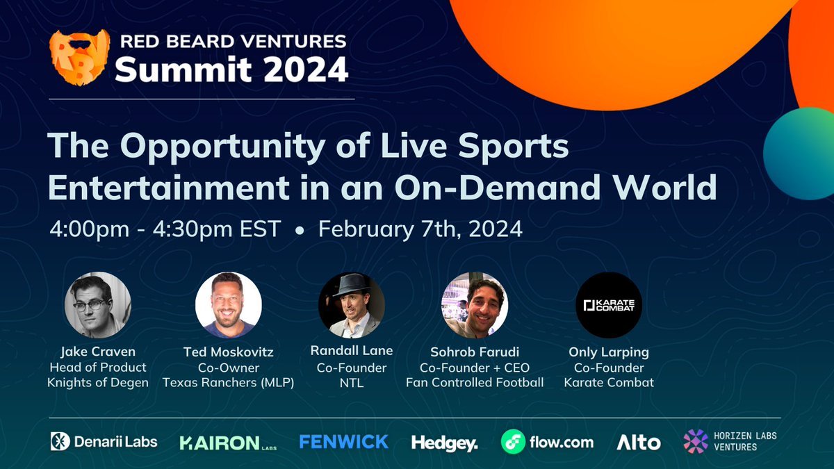 Live @ 4pm ET - #RBVsummit panel 'The Opportunity of Live Sports Entertainment in an On-Demand World' with @TedMoskovitzof @RanchersPB and @MajorLeaguePB, Randall Lane of @ntlracing, @sohrobfof @FCF, @Craven_JE of @KnightsOfDegen, and @OnlyLarping of @KarateCombat