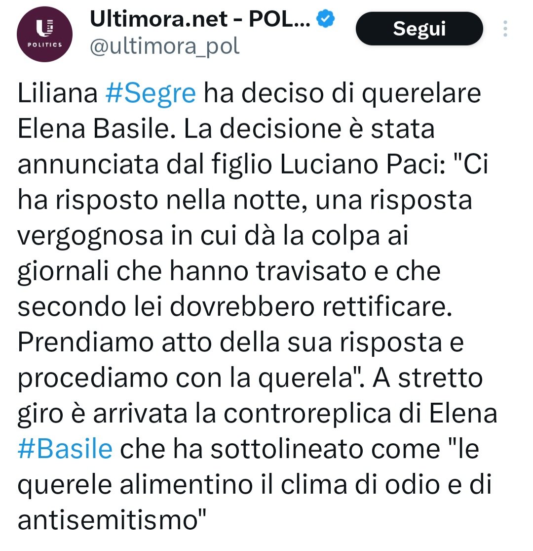 _Brick_Block_'s tweet image. Liliana Segre ha deciso di querelare Elena #Basile che commenta :"Le querele alimentano il clima di odio e antisemitismo". Allucinante😡