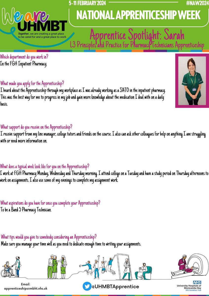 UHMBTApprentice's tweet photo. Next up in the #apprenticespotlight we have Sarah talking about her #apprenticeship with @UhmbPharmacy #nationalapprenticeshipweek2024 #naw2024 #pharmacytechnicians #skillsforlife @UHMBTCareers https://t.co/E74efYPkQk