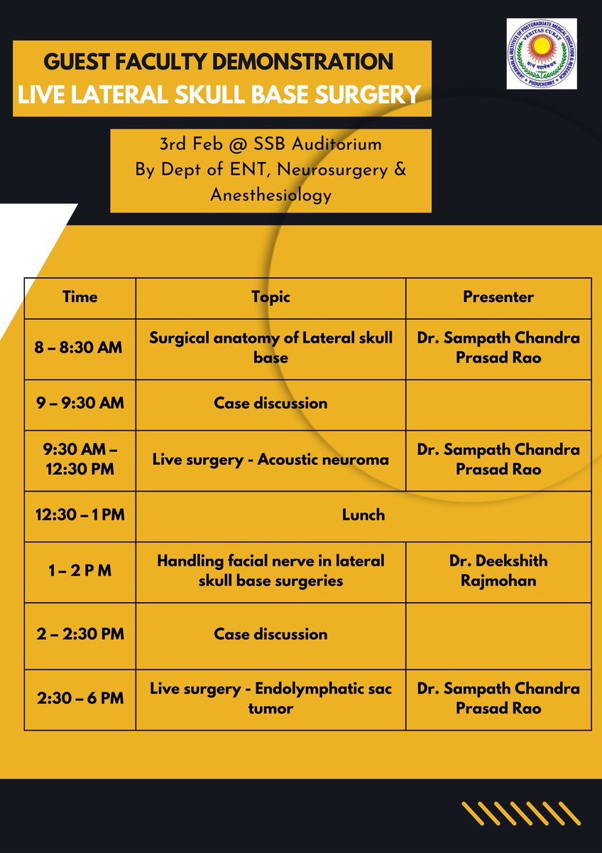 sampathcp1's tweet photo. Guest Faculty Demonstration
Live Lateral Skull Base Surgery at Jawaharlal Institute of Postgraduate Medical Education &amp; Research, Pondicherry
#faculty #sampathchandraprasadrao #jipmer #lateralskullbase #drsampathchandraprasadrao #pondicherry https://t.co/FvhFh9yWcr