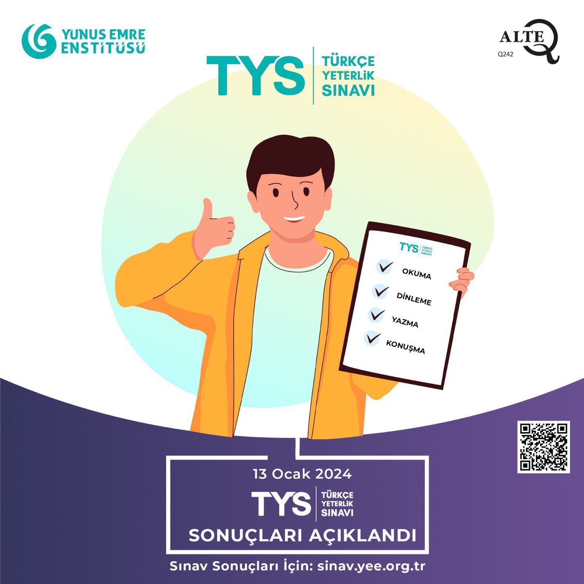 13 Ocak 2024 tarihinde uygulanan Türkçe Yeterlik Sınavı (TYS) sonuçları açıklandı! Sonuçları sinav.yee.org.tr adresinden öğrenebilirsiniz. #TYS 🎉 #TürkçeBirleştirir ✍️