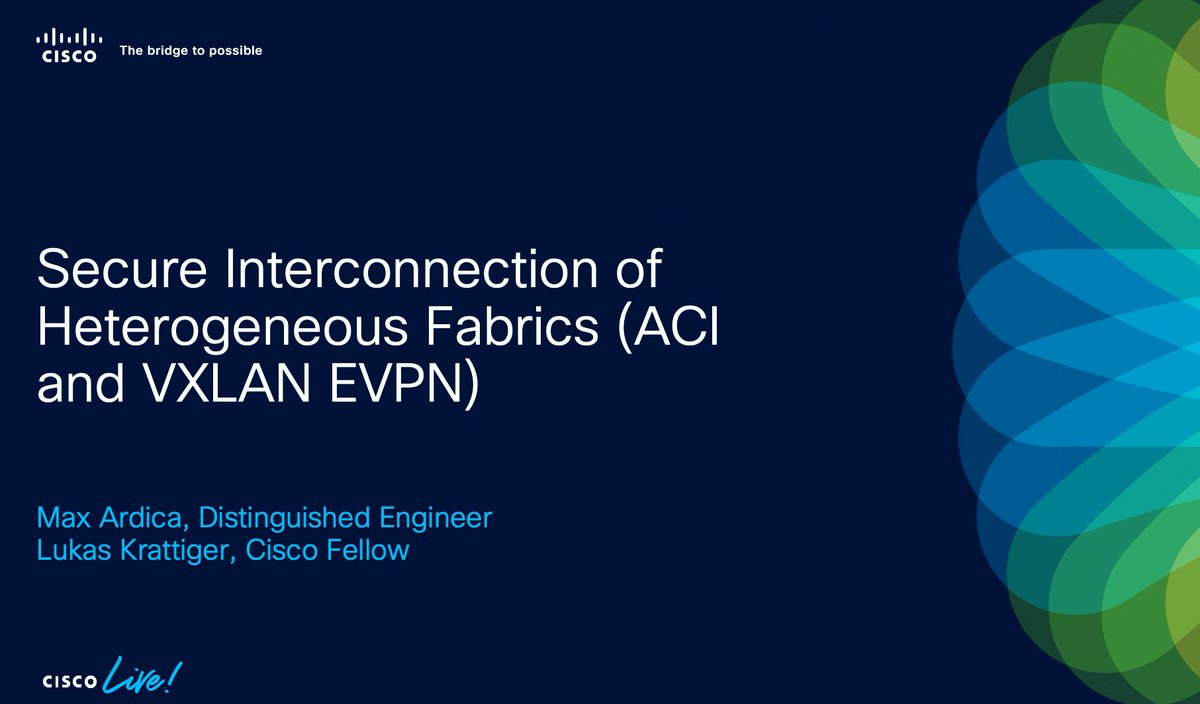 #TFDx presentations continue at #CiscoLiveEMEA. Secure Interconnection of heterogeneous fabrics: ACI and VXLAN EVPN.

<a href="/CCIE21921/">Lukas Krattiger</a> and <a href="/maxardica/">Max Ardica</a> are sharing the stage.
#CiscoLiveEMEA #TFDx