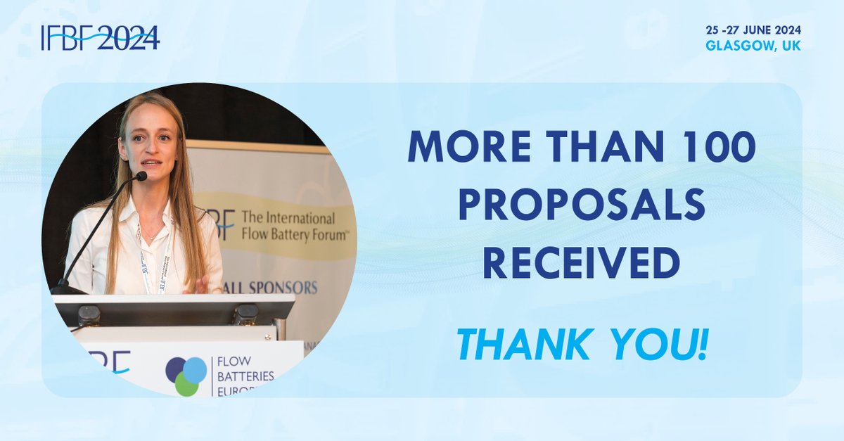 IFBFFlowBattery's tweet image. 🪩We have received more than 100 proposals for talks and posters on #FlowBattery topics at the next #IFBF. 

Thank you🙏! IFBF 2024 will be one for the books :)

Get your ticket here 👉 lnkd.in/eyzWfjEU