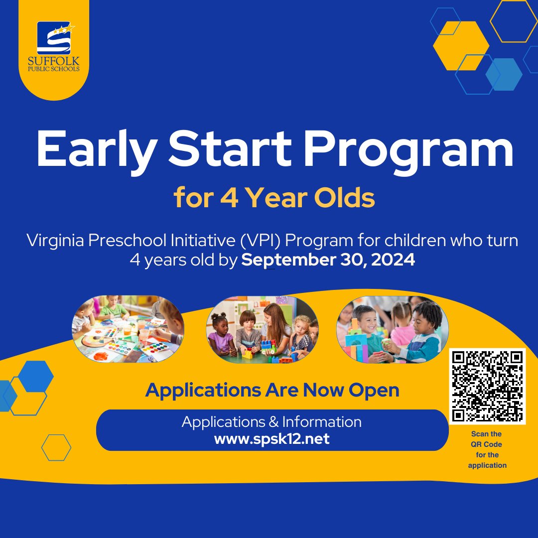 The 2024-2025 registration for the Suffolk Public Schools 4-Year-Old Early Start/Virginia Preschool Initiative (VPI) program begins TODAY. For eligibility criteria and frequently asked questions, please visit our website at ow.ly/ilao50QyJEe. #SPSCreatesAchievers