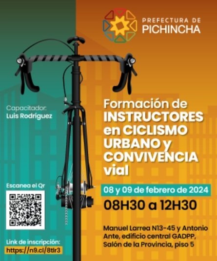<a href="/PichinchaGob/">Prefectura de Pichincha</a> invita a su "Formación de Instructores en Ciclismo Urbano y Convivencia Vial" los días 8 y 9 de febrero -de 08h30 a 12h30- en las instalaciones del GADPP (Manuel Larrea N13-45 y Antonio Ante)
Inscripciones pichincha.gob.ec/index.php?opti…

#QuitoEnBici
#QuitoPedal 
#CicloUIO