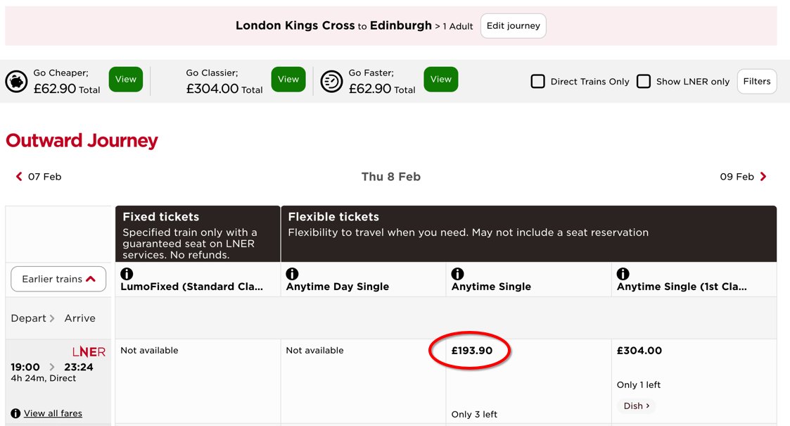 Last week, you could always have taken the 19:00 London-Edinburgh using an £87 Super Off-Peak fare. Well, fares have been simplified: Tomorrow night there's just ONE easy-to-understand fare on the 19:00, £193, take it or leave it...
