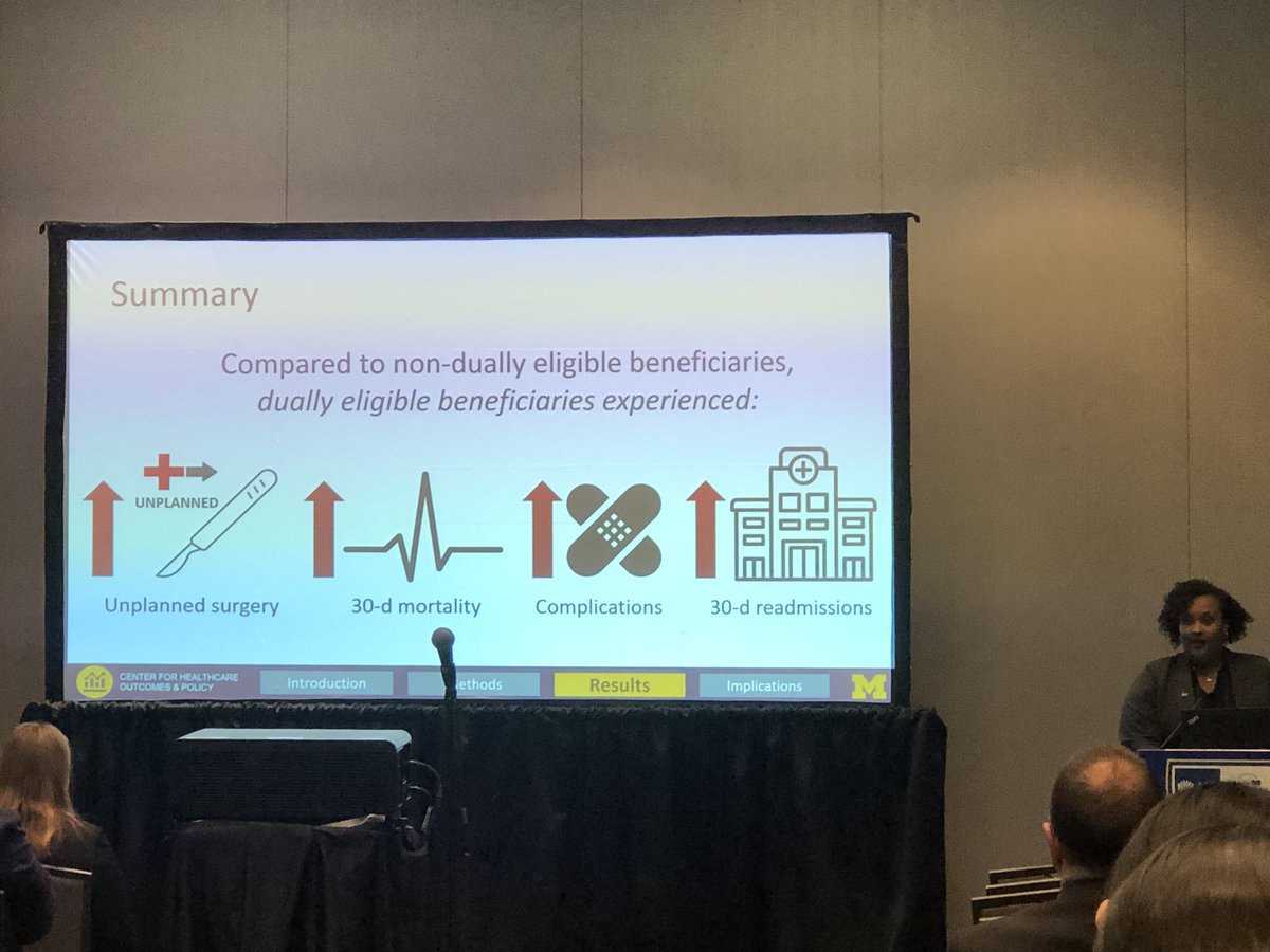 Great presentation by @UMichCHOPFellow Dr Shukri Dualeh looking at outcomes for access sensitive surgical conditions for patients who are dual eligible for Medicaid/Medicare-dual eligible patients have higher rates of emergency surgery & worse outcomes! @UMichSurgery