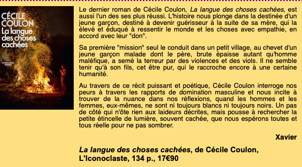 Sinon, j'ai beaucoup aimé, aussi, le dernier roman de Cécile Coulon. Je le dis dans la dernière newsletter de @AstrolabeRennes ! @Ed_Iconoclaste