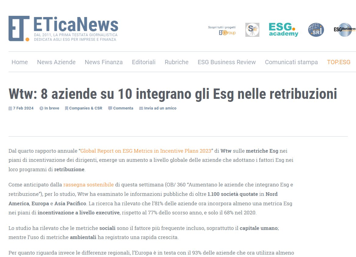 ETicaNews's tweet image. 📌 Wtw: 8 aziende su 10 integrano gli #Esg nelle #retribuzioni

📰 Leggi l'articolo sul nostro sito: eticanews.it/wtw-8-aziende-…

@WTWcorporate #dirigenti