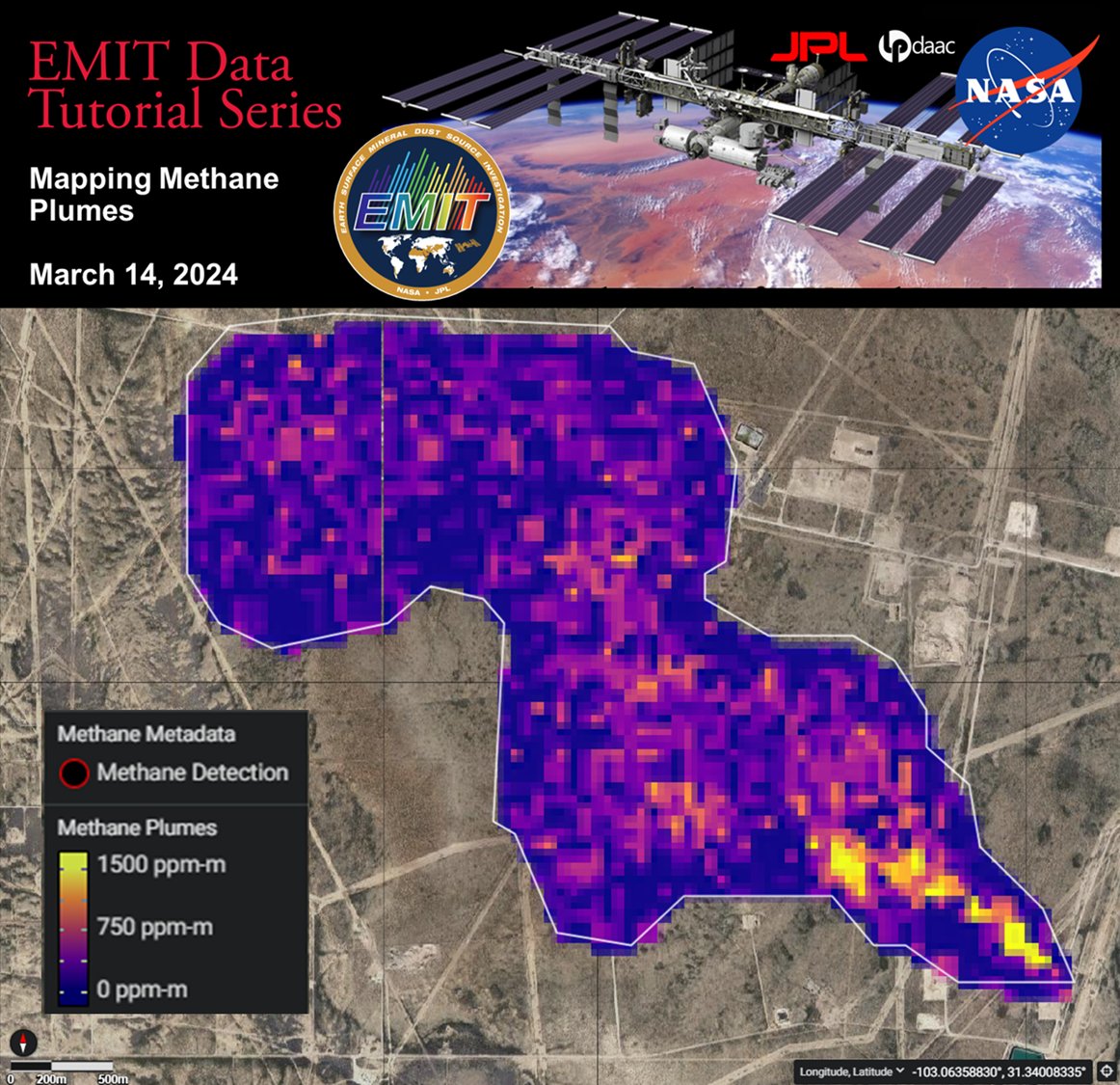 Interested in #methane and mapping methane plumes? Join members of @NASAJPL's #EMIT science team and NASA's #LPDAAC for a 2-hour EMIT data tutorials workshop on March 14, 2024, at 12:00 PT to learn how to work with the data! #Python #GHG Sign-up here: go.nasa.gov/3HQ5Mj5