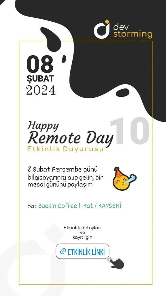 devstorming's tweet photo. Selamlar, 
Yeni bir Happy Remote Day ile karşınızdayız. 8 Şubat Perşembe günü Buckin Coffee'de bilgisayarınızı alıp gelin beraber çalışalım 💙
Etkinlik Linki:
https://t.co/AYtmkCAKhg https://t.co/Qro5bZ465K