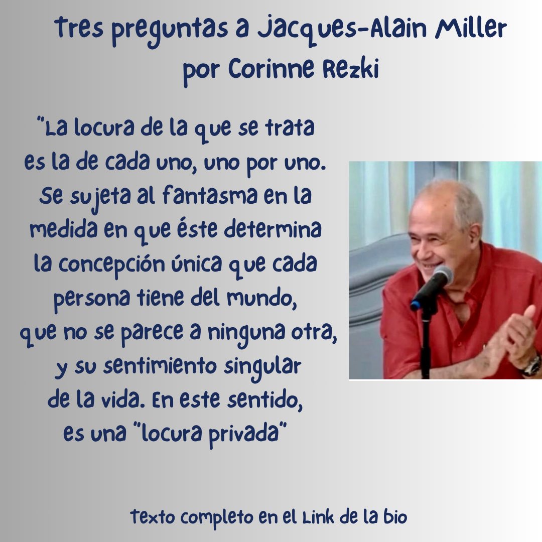 eol_amp's tweet photo. Queridos Colegas, Con mucha alegría, les hacemos llegar una entrevista a Jacques-Alain Miller, realizada por Corinne Rezki; donde él ubica - con la lógica - la impactante actualidad del pensamiento de Lacan. 

https://t.co/gkkU77XYrr https://t.co/tcR3xotVxl