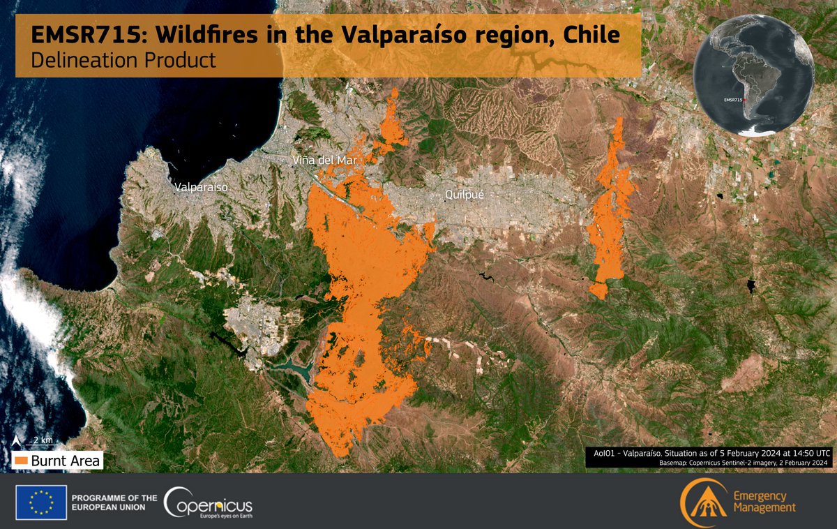 #EMSR715 #Incendios en #Chile🇨🇱

Nuestro equipo de Mapeo Rápido ha entregado su Producto de Delimitación para el área de #Valparaíso🔥

➡️Superficie afectada: 8⃣,7⃣1⃣8⃣ ha❗️
➡️Personas afectadas: +5⃣,0⃣0⃣0⃣ 

🔗rapidmapping.emergency.copernicus.eu/EMSR715/report…