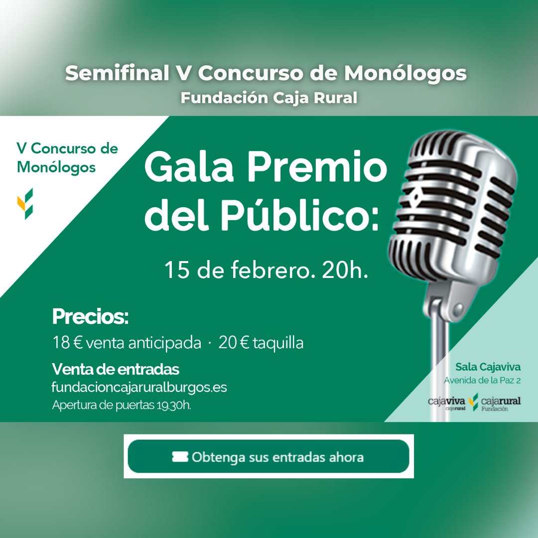 fundcajaruralbu's tweet photo. Se acerca la semifinal del concurso de monólogos de la Fundación Cara Rural.

Gala premio del público.
Prepárate para reir. 

🏢Sala Cajaviva (Avenida de la Paz, 2)
🕐19:30h

No te quedes sin tu entrada:
✅https://t.co/kJ5UAJANSq https://t.co/sTZpnDNRr9