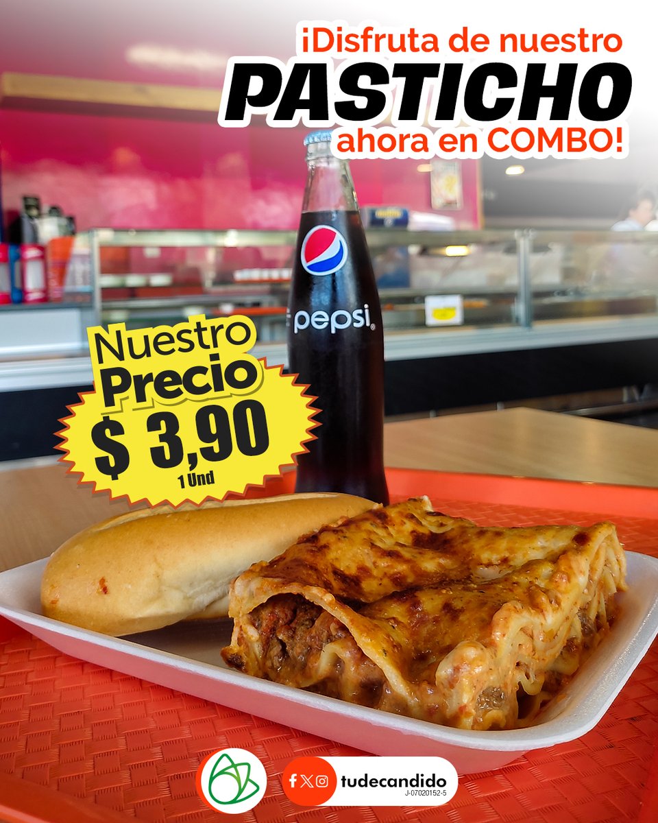 Nuestro combo es perfecto para resolver tu almuerzo: por solo $3.90, te llevas un pasticho delicioso, un pan francés y un refresco de 350ml 🍝🥤

Consíguelo en: La Lago, Indio Mara, Calle 73, Santa Lucía, San Francisco, Cabimas y Ciudad Ojeda.
#TuDeCandido #DondeComprarEsUnPlacer