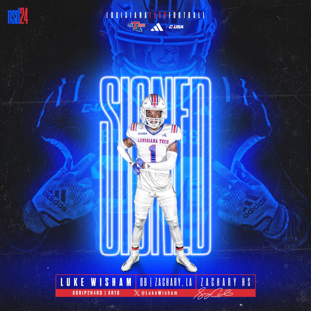 A long and athletic playmaker that brings the energy. Welcome to LA Tech 🏈 ✍️ @LukeWisham #DRIP2H4RD | #NSD24