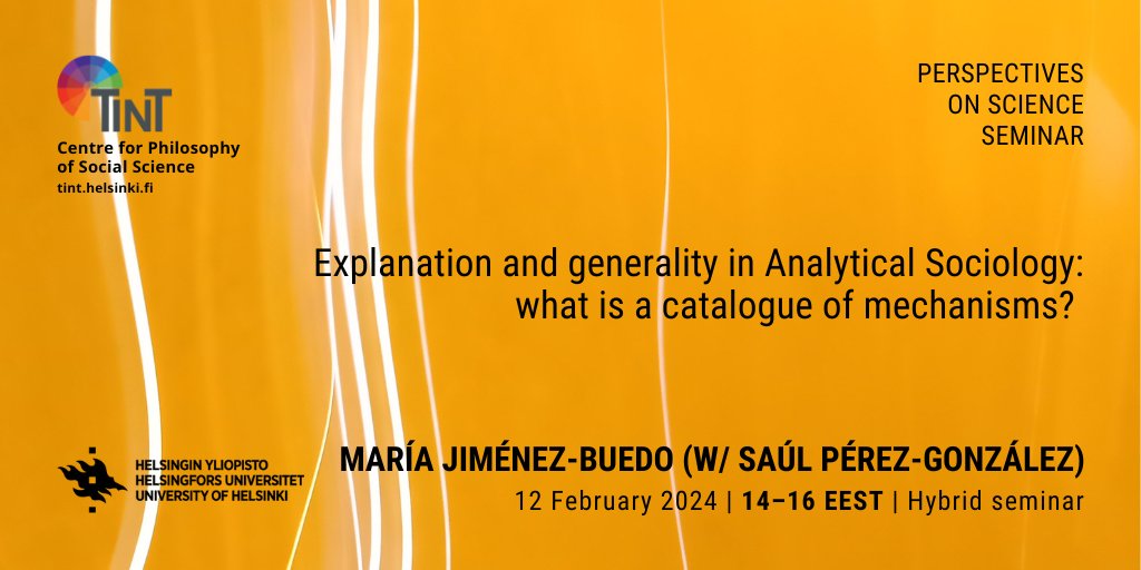 TINT (@helsinkipos) on Twitter photo In the next Perspectives on Science seminar on 12.2., Maria Jimenez-Buedo (UNED) will give a talk entitled “Explanation and generality in Analytical Sociology." Joint work w/ Saúl Pérez-González (Valencia). More details at tint-helsinki.fi <a href="/SocSciHelsinki/">Faculty of Social Sciences, HelsinkiUni</a>
<a href="/helsinkiuni/">University of Helsinki</a> In the next Perspectives on Science seminar on 12.2., Maria Jimenez-Buedo (UNED) will give a talk entitled “Explanation and generality in Analytical Sociology." Joint work w/ Saúl Pérez-González (Valencia). More details at tint-helsinki.fi <a href="/SocSciHelsinki/">Faculty of Social Sciences, HelsinkiUni</a>
<a href="/helsinkiuni/">University of Helsinki</a>