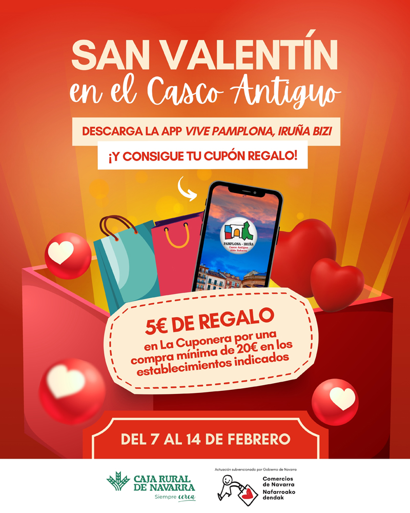 📷 San Valentín en el Casco Antiguo. Hasta el 14 de Febrero, consigue tus Cupones descuento de 5 €  en la app Vive Pamplona. Descárgala. Consulta  donde canjearlos en
cascoantiguopamplona.com/se-inicia-la-c…