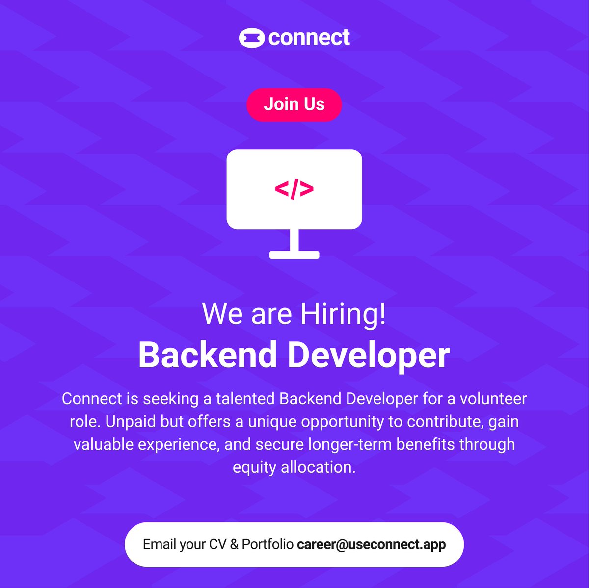 useconnectapp's tweet photo. Hey there,

We are searching for a Back End Developer to help achieve our goal to transform events through digitized ticketing, discovery &amp; social interaction.

Join the Connect team, send your CV &amp; Portfolio to us via career@useconnect.app

We are eager to innovate with you! https://t.co/d82GvCIdkv