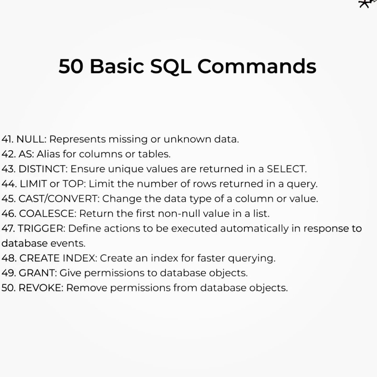 SauravProgramer's tweet image. Basic SQL commands Save It!!
.
Follow @SauravProgramer for more.
.
.
.
#sql #sqlprogrammer #sqlcommands #programmer #students #computerscience