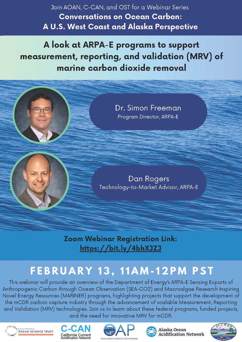 #WebinarWednesday A major challenge with marine #carbon dioxide removal is measurement, reporting and validation of the technologies. Check out this webinar to hear more from @ENERGY's ARPA-E program on February 13, 11am PT. bit.ly/4bhXJZJ #mcdr #carbondioxide