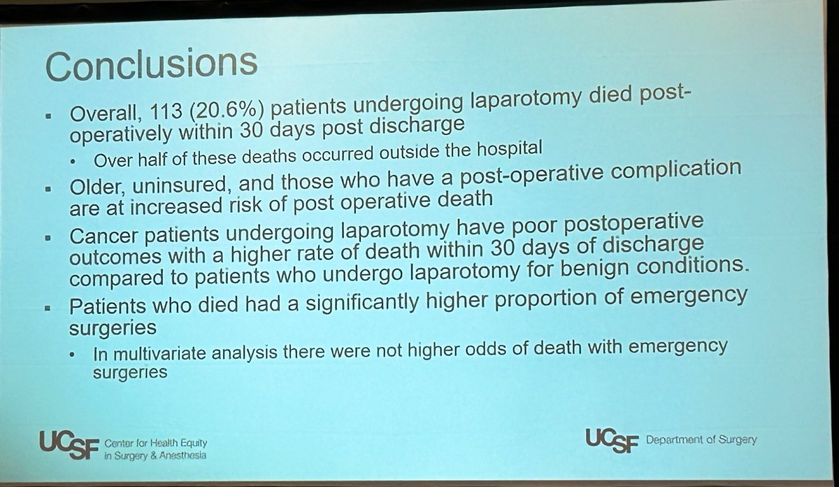 Kicking off Day 2 #ASC2024 in 1 of 2 (!) #GlobalSurgery rooms @UCSFGSResidency’s @drNRBrand 🗣️ EX-LAP study 👀 30-day post-laparotomy outcomes @MuhimbiliTaifa 🇹🇿 20.6% 30-day post-op mortality >50% deaths post-hospital d/c Argues need for longitudinal post-op f/u @UCSF_CHESA